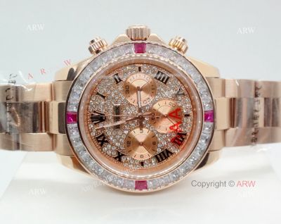 Copy Rolex Comograph Daytona Iced Out Watch Rose Gold Roman Markers